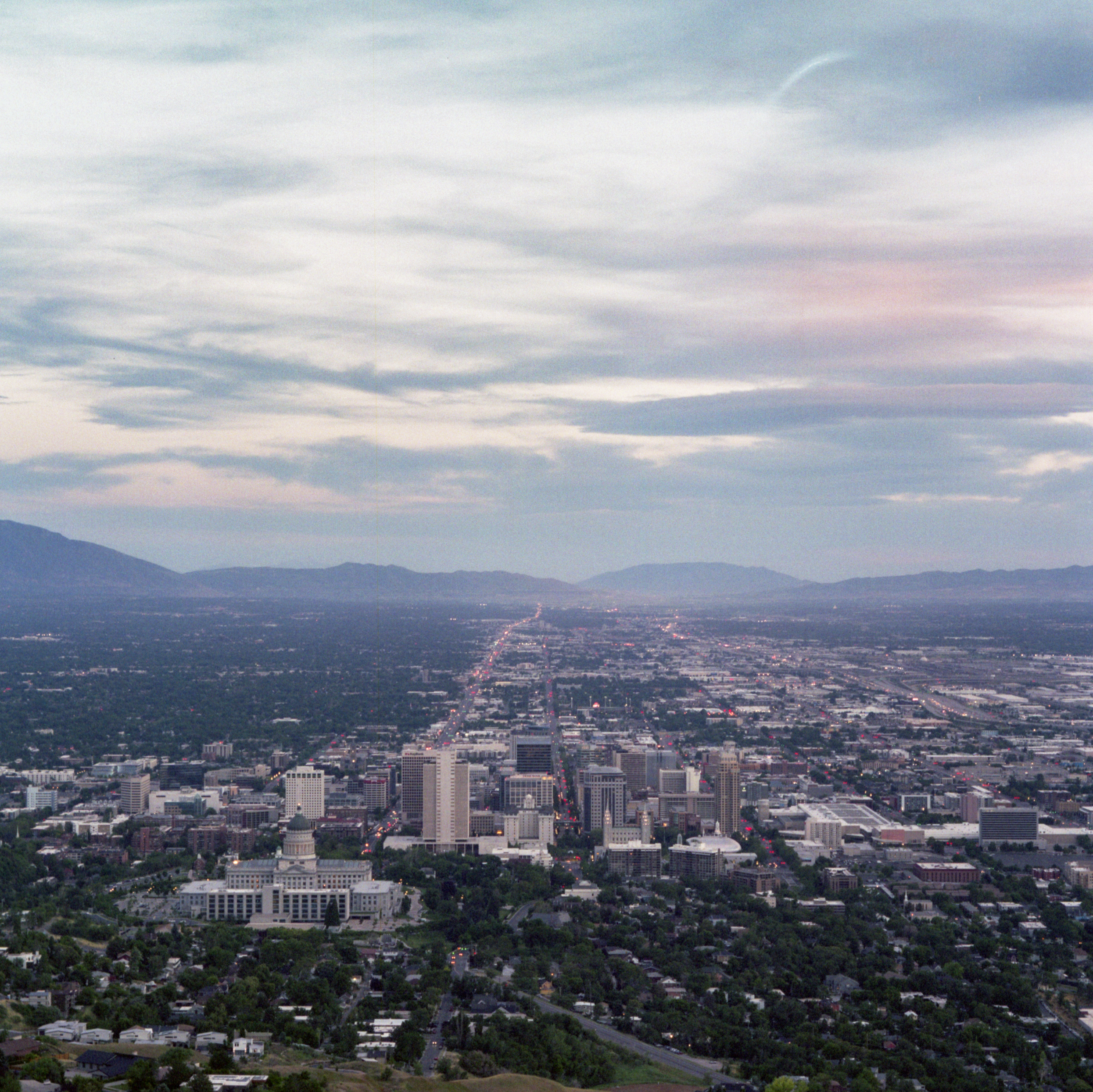 Salt lake city seen from a hill at twilight